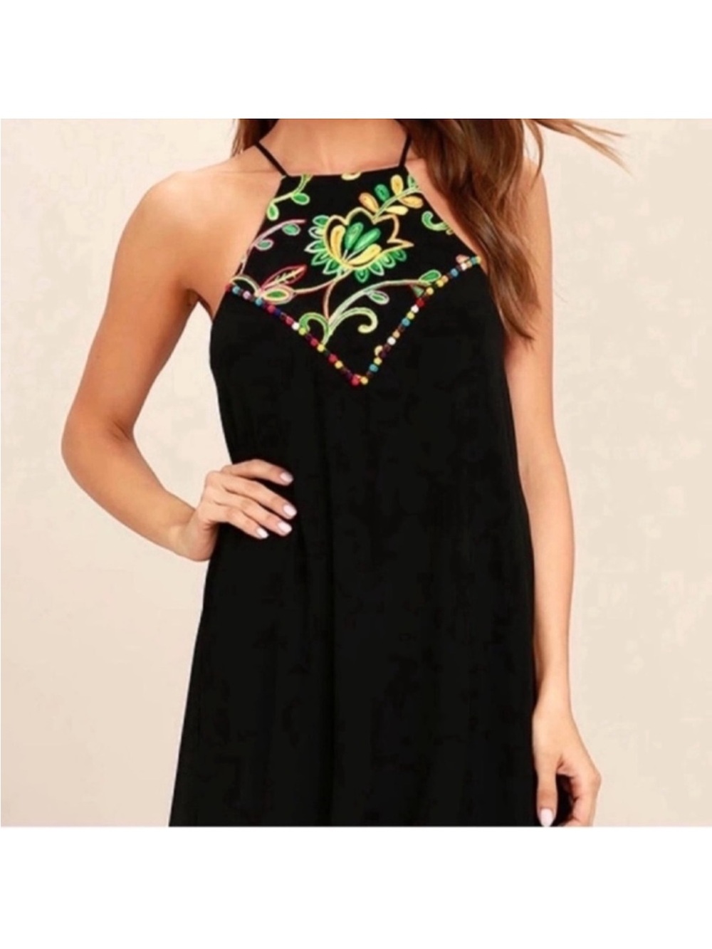 Lulu’s Boho Embroidered Chiffon Halter mini dress Sz XS Pom Pom A line Black